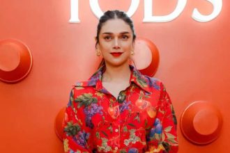 Aditi Rao’s red floral top with flared denims