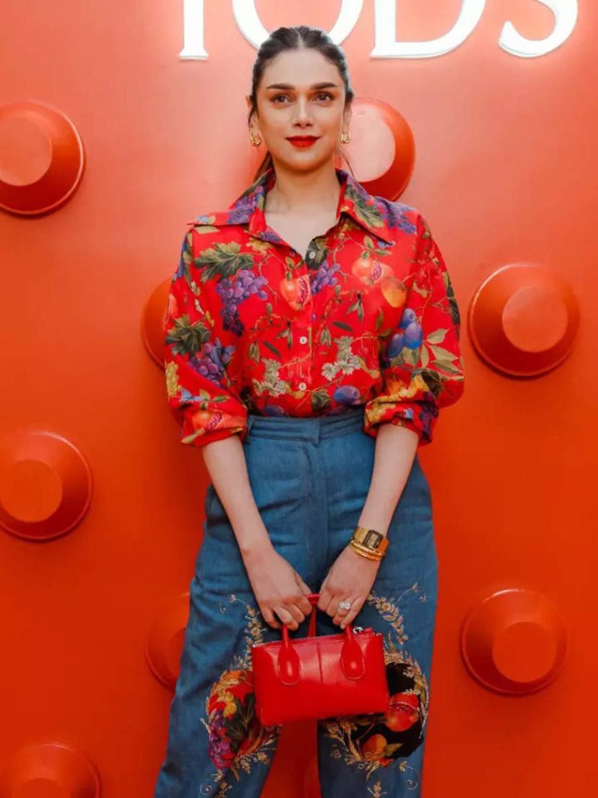 Aditi Rao’s red floral top with flared denims