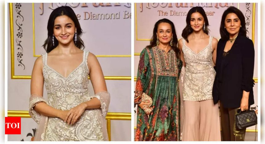 Alia Bhatt stuns in a silver salwar suit as she poses with Neetu Kapoor and Soni Razdan at Heeramandi premiere - See photos |