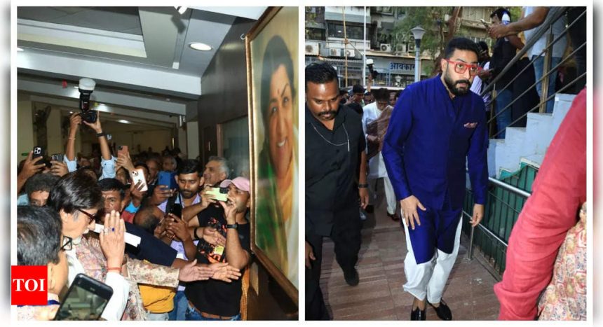 Amitabh Bachchan pays his respect to late Lata Mangehkar as he attends Deenanath Mangeshkar Awards with son Abhishek Bachchan - See photos |