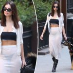 Emily Ratajkowski sports sheer skirt and crop top to walk dog in NYC