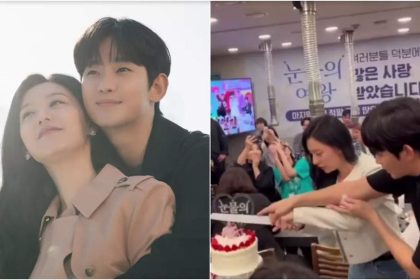 Kim Soo-hyun and Kim Ji-won adorably cut cake together at 'Queen of Tears' wrap party |