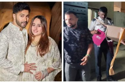 Parents-to-be Varun Dhawan and Natsaha Dalal give out gifts to paparazzi after baby shower celebration - See photo |