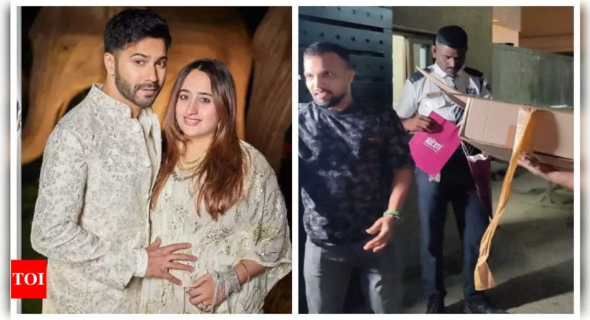 Parents-to-be Varun Dhawan and Natsaha Dalal give out gifts to paparazzi after baby shower celebration - See photo |