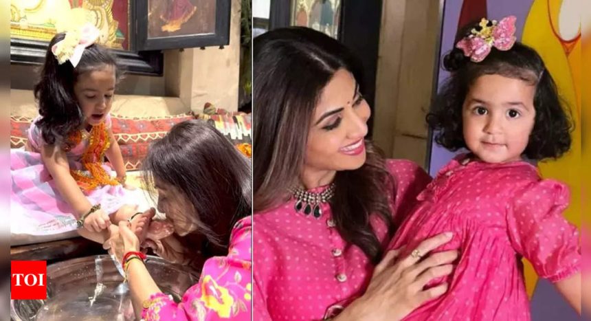 Shilpa Shetty celebrates 'ashtami' with 'kanya pujan' as she washes and kisses daughter Samisha Shetty's feet - WATCH video | Hindi Movie News