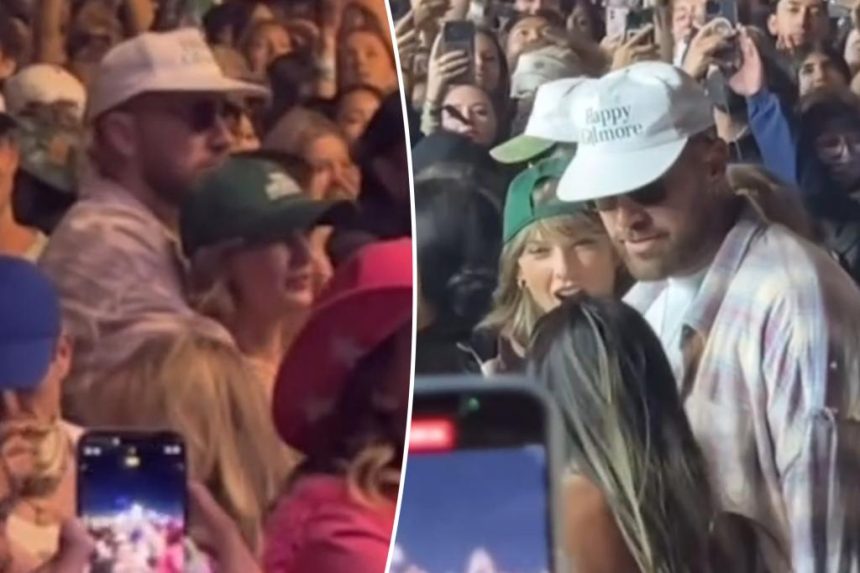 Travis Kelce protectively wraps his arms around Taylor Swift while dancing in the crowd at Coachella