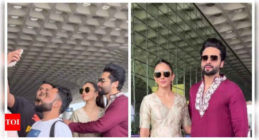 Watch: Jackky Bhagnani gets protective towards wife Rakul Preet Singh as fans try to take selfies at the airport | Hindi Movie News