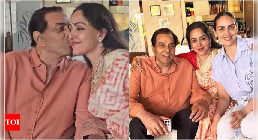 Dharmendra plants a kiss on Hema Malini's cheeks in unseen pictures from their 44th wedding anniversary, Esha Deol joins them | Hindi Movie News