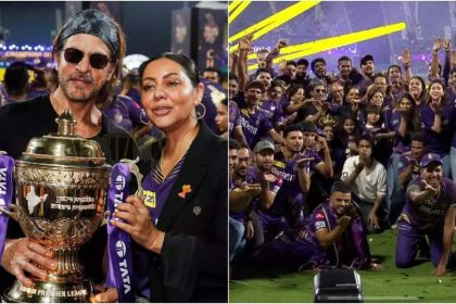 Shah Rukh Khan and Gauri Khan pose with IPL trophy, recreate Harshit Rana's flying kiss gesture with KKR team | Hindi Movie News