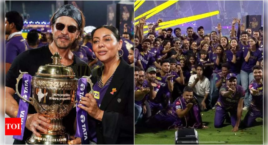 Shah Rukh Khan and Gauri Khan pose with IPL trophy, recreate Harshit Rana's flying kiss gesture with KKR team | Hindi Movie News