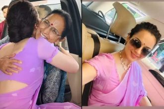 Kangana Ranaut stuns in a lilac saree, hugs her mom as she jets off for the Parliament in Delhi - PICS inside | Hindi Movie News