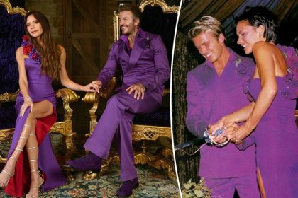 Victoria and David Beckham pose in their iconic purple wedding outfits on 25th anniversary