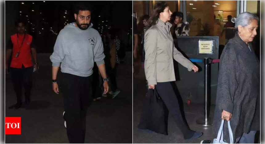 Abhishek Bachchan, Shweta Bachchan Nanda and Jaya Bachchan spotted at Mumbai airport, fans miss Aishwarya Rai Bachchan and Aaradhya | Hindi Movie News