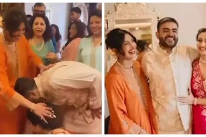 Priyanka Chopra looks gorgeous in orange kurta set as she blesses Siddharth Chopra and Neelam Upadhyaya on their engagement - WATCH inside video |