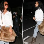 Rihanna brings comically oversized fur Saint Laurent purse to dinner