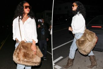 Rihanna brings comically oversized fur Saint Laurent purse to dinner