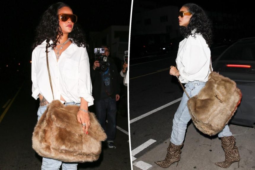 Rihanna brings comically oversized fur Saint Laurent purse to dinner