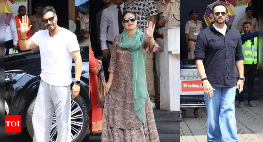 'Singham Again' stars Ajay Devgn, Kareena Kapoor, Rohit Shetty spotted at airport as they jet off for Raavan Dahan in Delhi - Watch VIDEO