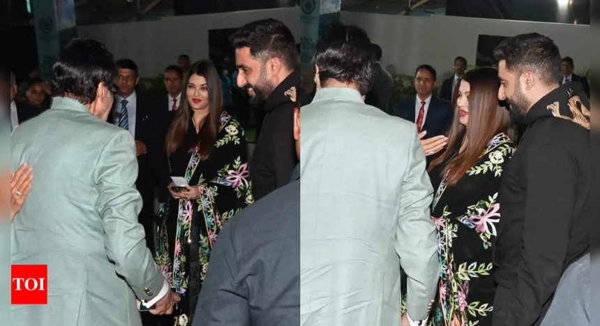 Abhishek Bachchan turns protective husband for Aishwarya Rai Bachchan as they arrive with Amitabh Bachchan at Aaradhya's annual day function - WATCH VIDEOS | Hindi Movie News