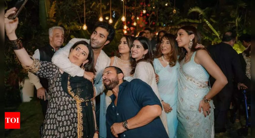 Karisma Kapoor, Saif Ali Khan, Navya Naveli Nanda pose for quirky selfie in unseen pictures from Aadar Jain and Alekha Advani's roka ceremony | Hindi Movie News