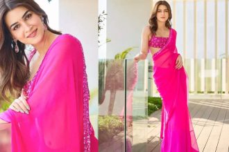 Kriti Sanon sets the tone right for wedding fashion with her Manish Malhotra bright pink chiffon saree |