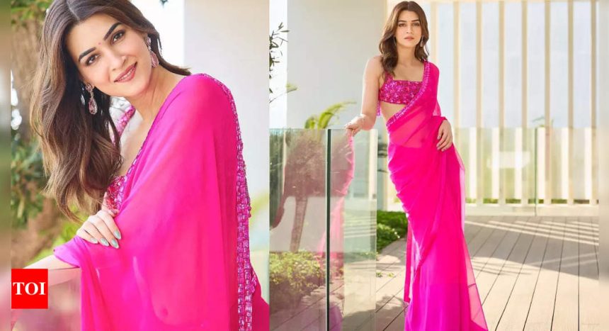 Kriti Sanon sets the tone right for wedding fashion with her Manish Malhotra bright pink chiffon saree |