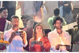 Rasha Thadani, Aaman Devgan and director Abhishek Kapoor perform Ganga Aarti in Varanasi ahead of Azaad release | Hindi Movie News