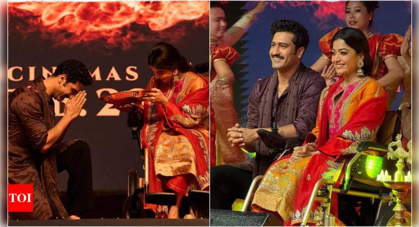 Rashmika Mandanna blushes as she performs aarti for Vicky Kaushal at Chhaava event in Hyderabad, praises his 'Raaje' energy | Hindi Movie News