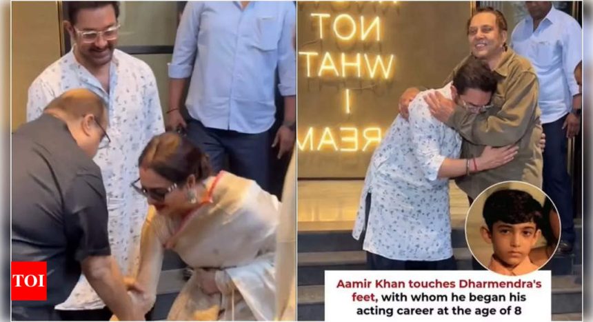 Rekha touches Rajkumar Santoshi's feet, hugs Ira Khan; Aamir Khan seeks Dharmendra's blessings at Loveyapa screening | Hindi Movie News