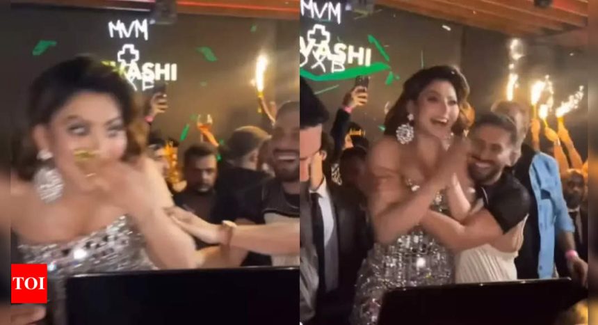 Urvashi Rautela loses balance as Orry pushes her while dancing to 'Dabidi Dibidi' at her birthday bash; Ananya Panday reacts