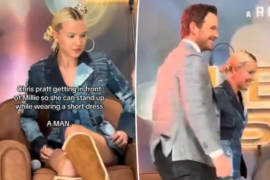 Chris Pratt shields Millie Bobby Brown from being exposed in miniskirt