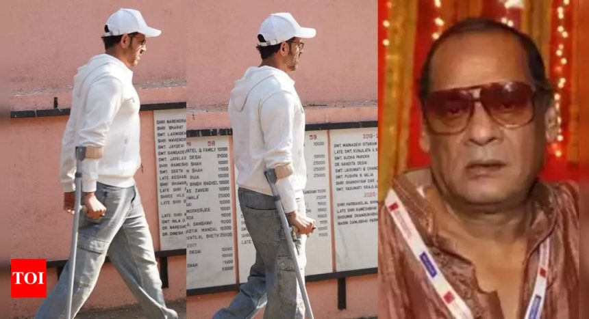 Injured Hrithik Roshan walks with the help of the elbow crutches as he attends Deb Mukherjee's funeral | Hindi Movie News